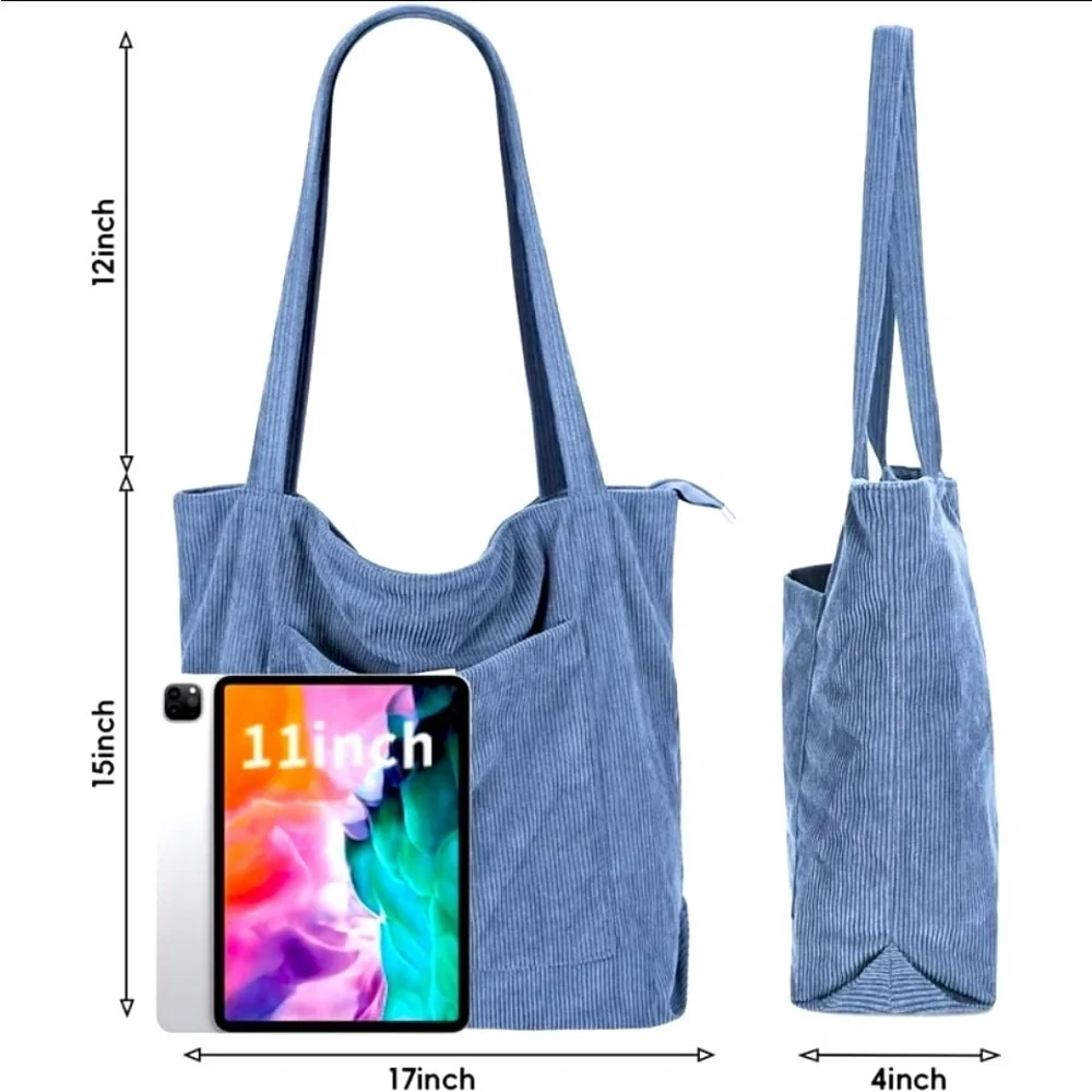 Corduroy Bag NEW ! Interior Pocket Shoulder Straps in Clay Blue